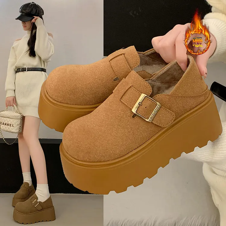 勃肯鞋女2025年秋冬新款加绒复古厚底一脚蹬乐福鞋圆头百搭棉鞋女