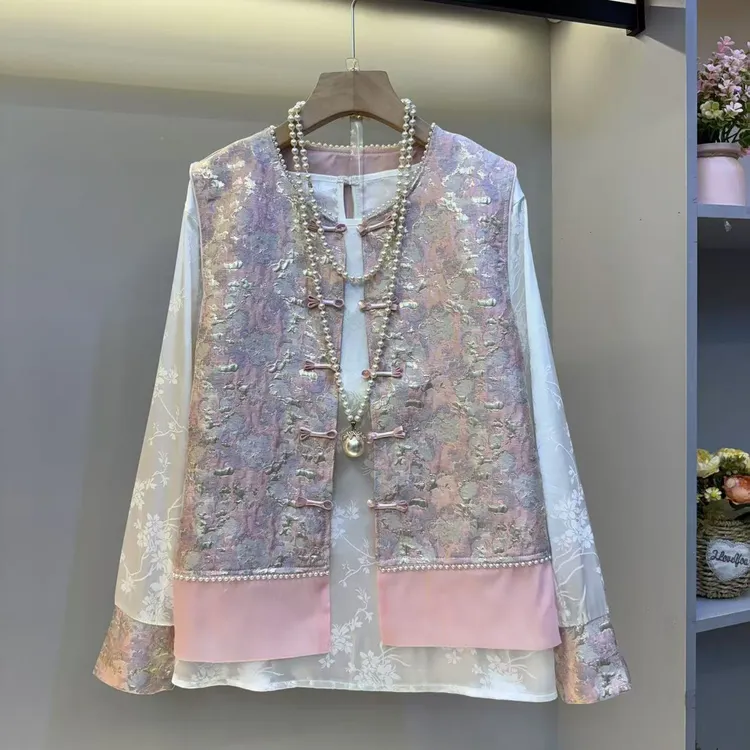 2025大码女装新中式拼接马甲气质圆领大衫复古风两件套