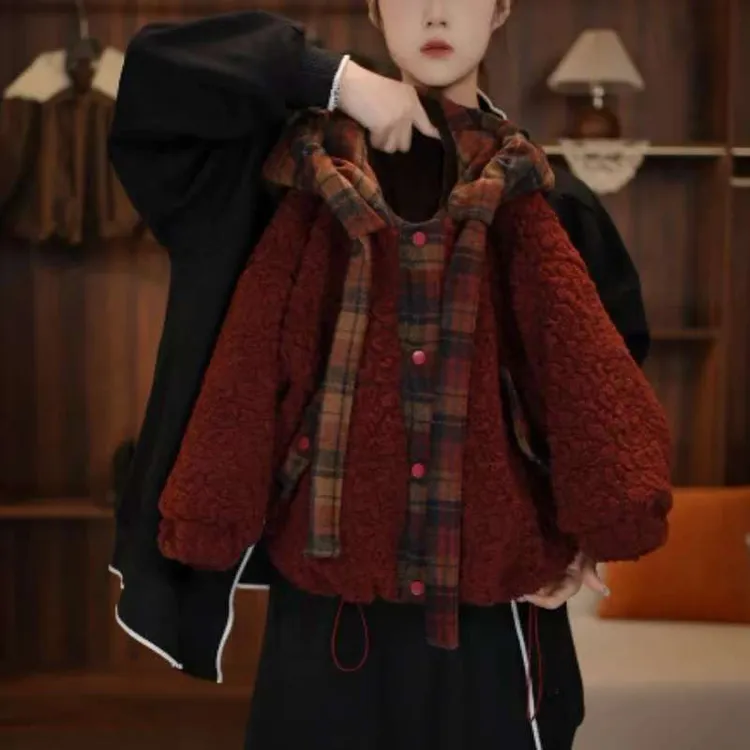 儿童冬季加绒新款棉衣男女宝宝加绒加厚复古韩版连帽毛毛衣潮YQ