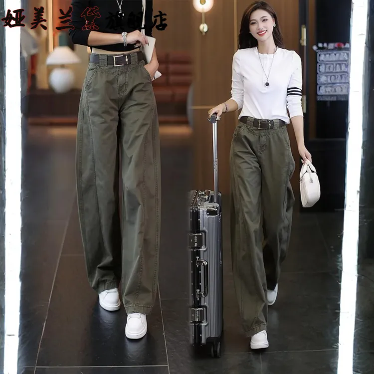 美式阔腿工装裤女春秋2025新款高腰显瘦纯棉休闲裤宽松直筒弯刀裤