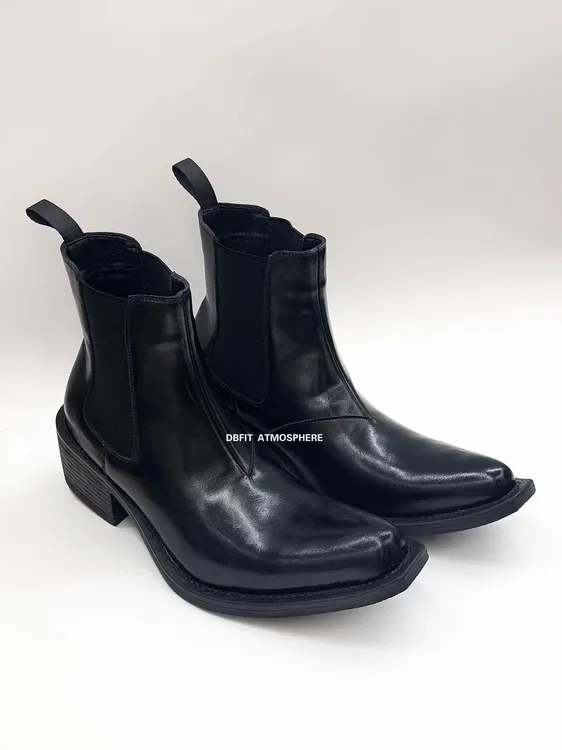 DBFIT小方头切尔西巫师靴氛围感街头暗黑穿搭增高厚底马丁靴皮鞋