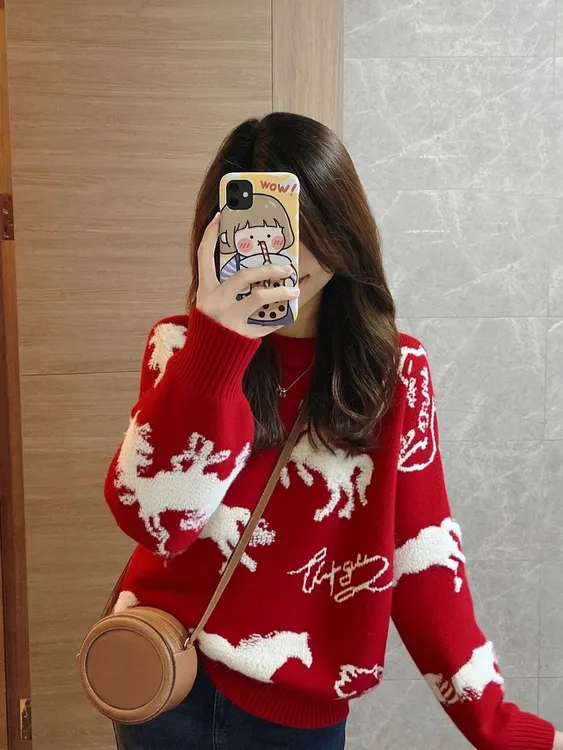 红色本命年穿搭套头毛衣女秋冬季马年独特漂亮打底内搭针织衫上衣