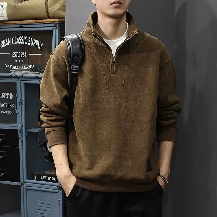 春秋新款美式立领加绒POLO衫重磅复古长袖上衣男宽松休闲百搭卫衣