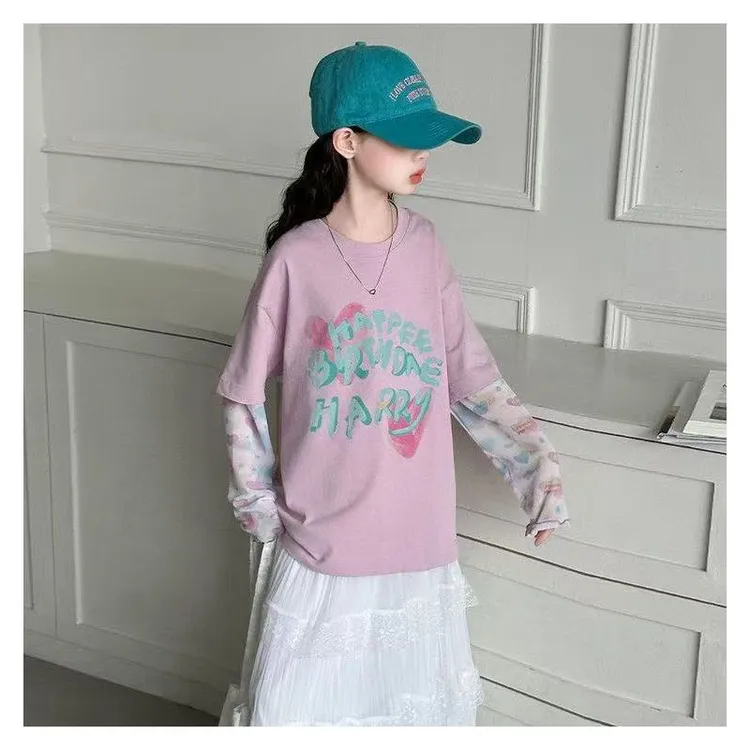 女童短袖t恤夏装中大童洋气超好看假两件设计感小众防晒袖上衣潮