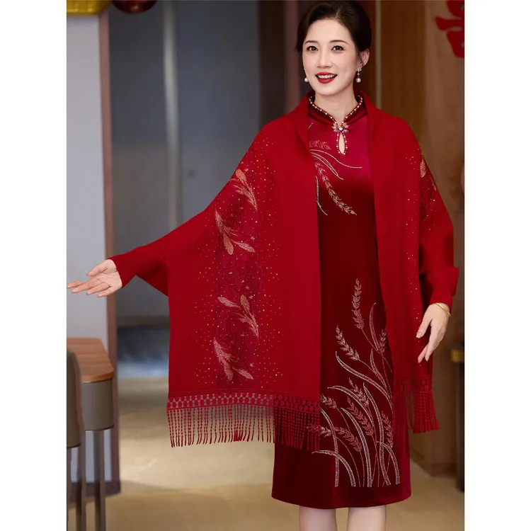 红色高端配旗袍披肩2025新款秋冬季婚宴喜婆婆礼服外套喜妈妈外搭