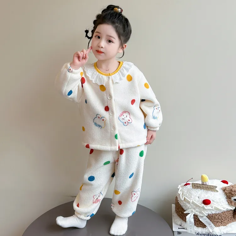 儿童睡衣珊瑚绒秋冬季小女孩花边领开衫套装法兰绒冬款女童家居服