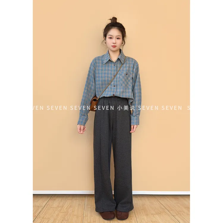 ⑦七七146小个子秋冬款复古格纹韩版磨毛加厚长袖衬衫女上衣小美说