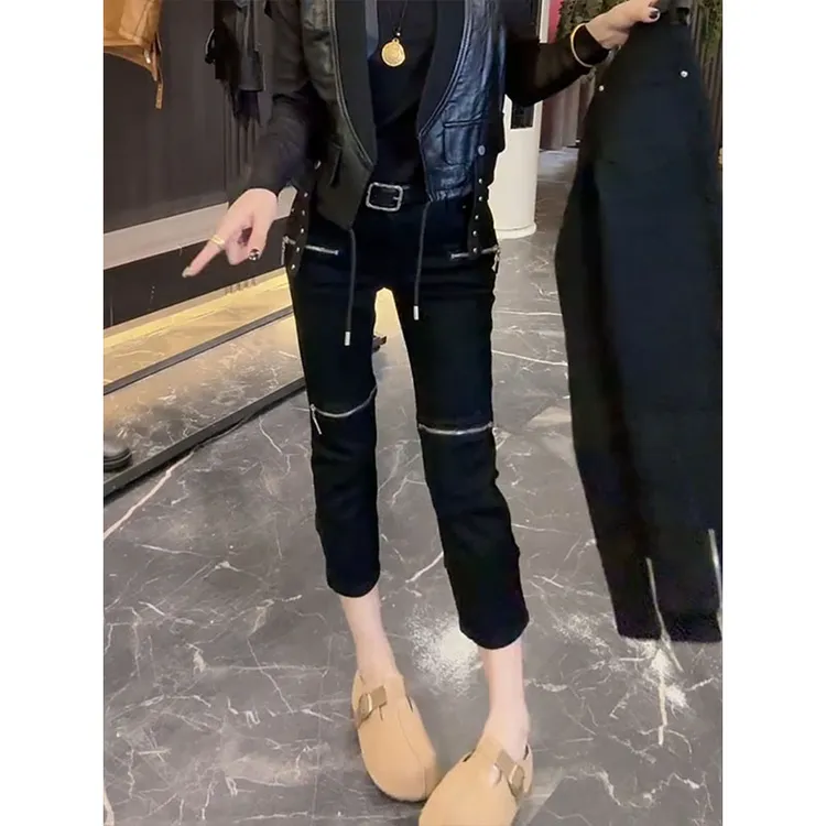 时尚前双拉锁设计直筒牛仔裤女2025年秋季新款弹力百搭显瘦烟管裤