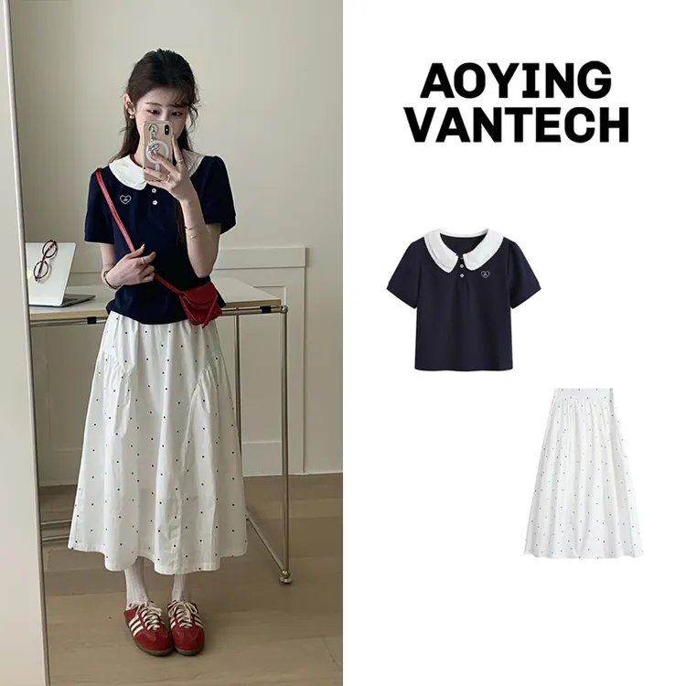 AOYING VANTECH【甜心教主】甜美花朵扣短袖复古波点松紧腰半裙套装