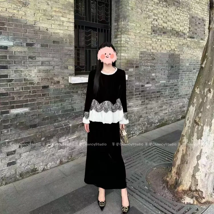 2025早秋新款洋气时尚百搭拼接蕾丝半身裙套装