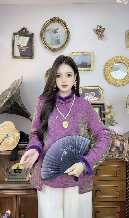 【802】秋冬新中式国风立领斜襟盘扣拼接毛边外套显瘦气质百搭上衣