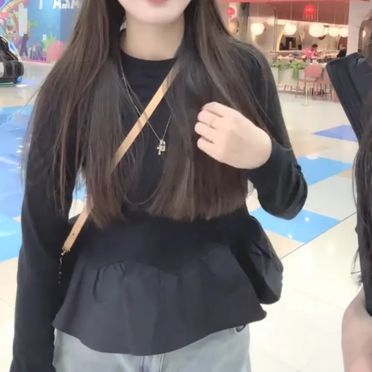 冬季新款宽松显瘦荷叶边拼接长袖T恤时尚百搭上衣