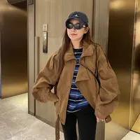 美拉德复古咖色麂皮绒机车服外套女2025秋冬季新款工装皮夹克上衣