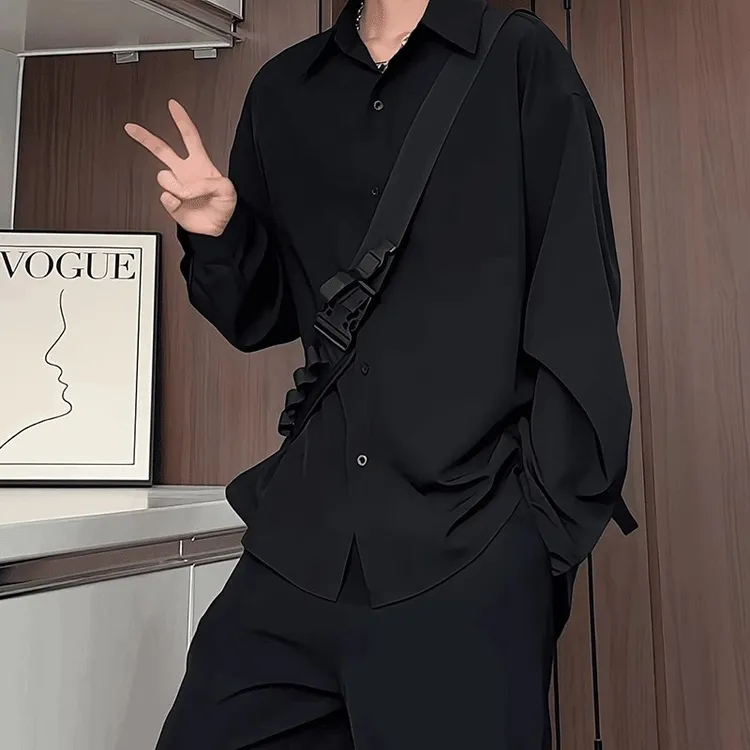 黑色衬衫男士长袖宽松垂感大码春秋季休闲薄款加肥加大冰丝衬衣男