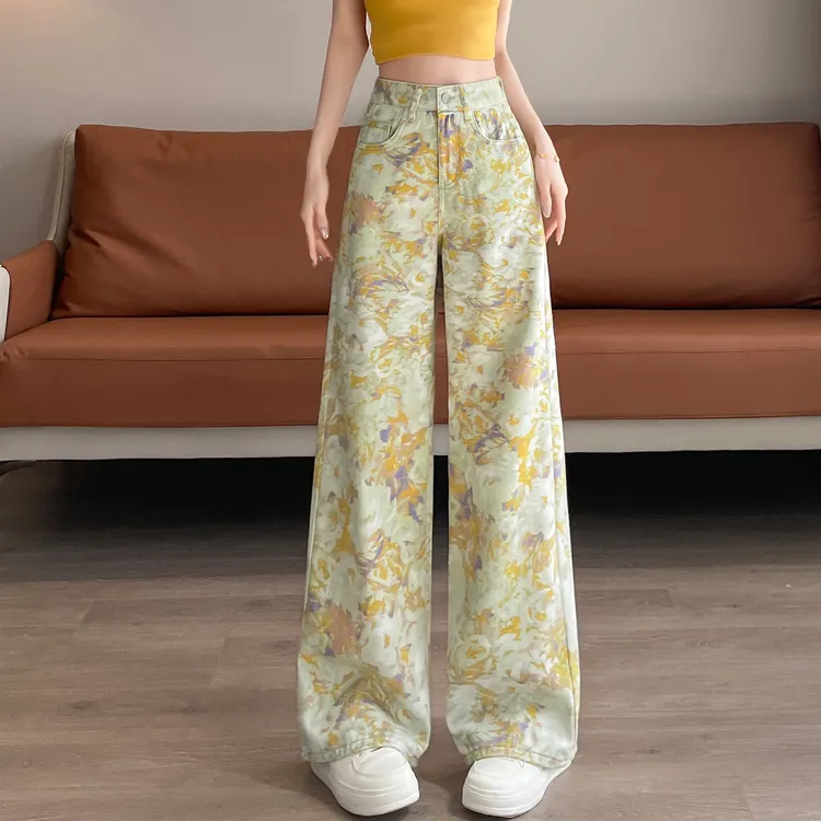春春秋新款宽松休闲个性高腰阔腿牛仔裤女长裤复古油画碎花裤子