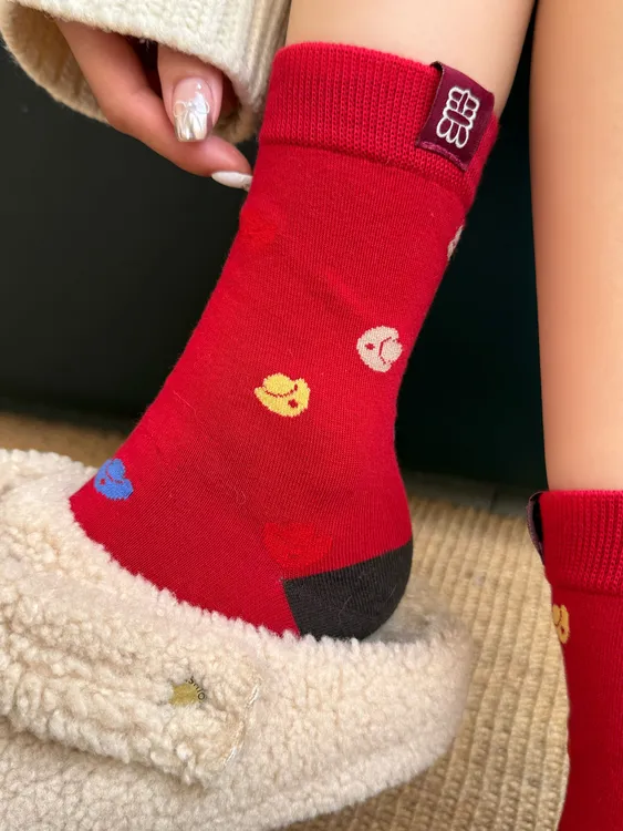 新年大红袜子马年喜乐暴富元宝小狗好运来财秋冬季ins风中筒袜