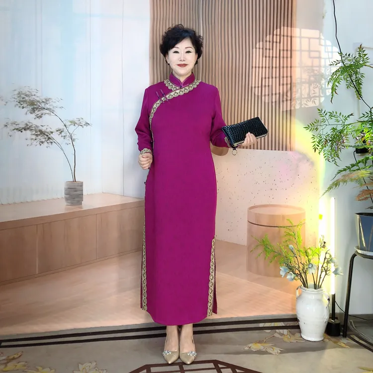 【紫气东来】秋冬季大码旗袍喜婆婆喜妈妈长袖网红复古中长款金丝边