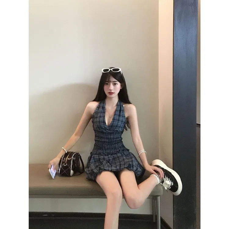 夏季新款藏青色格子上衣套装女美式甜辣妹裙子纯欲风两件套