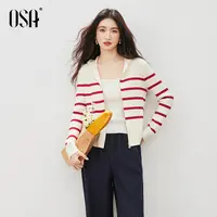 OSA/欧莎 复古条纹撞色连帽拉链针织开衫女毛衣外套S125C16044