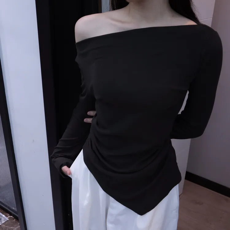 常规款一字肩可斜领长袖极简风T恤不规则打底衫高领纯色