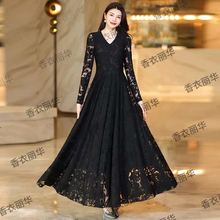 香衣丽华05-黑色剪花长款过膝过膝V领大摆连衣裙修身显瘦气质简约