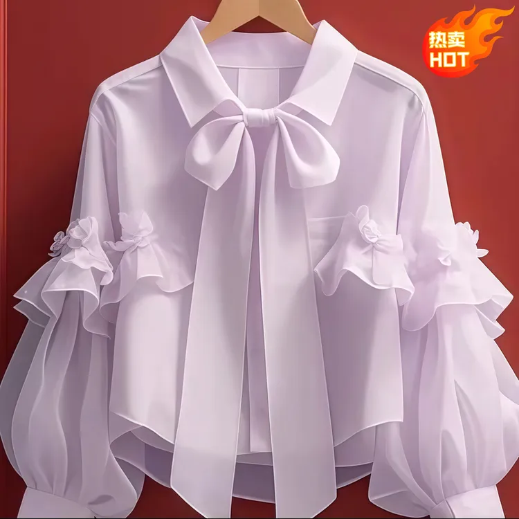秋季新款上衣女2025古着vintage法式独特漂亮紫色蝴蝶结长袖衬衫
