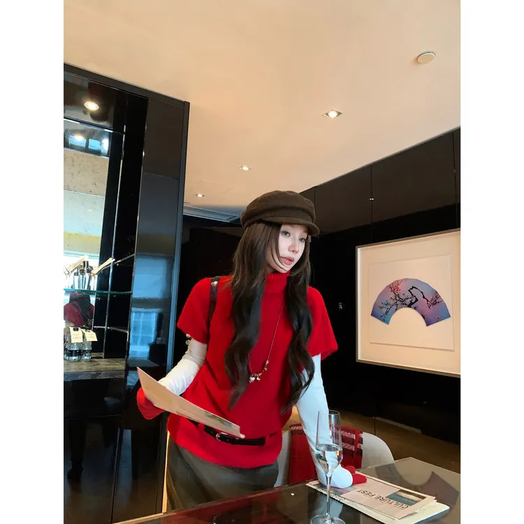 红莓耶诞红色氛围感高领马甲毛衣慵懒风内搭针织带腰带 C 9987#