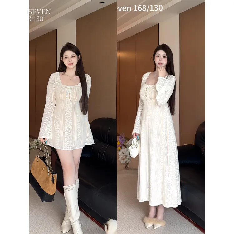 白77-大码女装温柔风甜美气质喇叭袖镂空蕾丝刺绣连衣裙12720