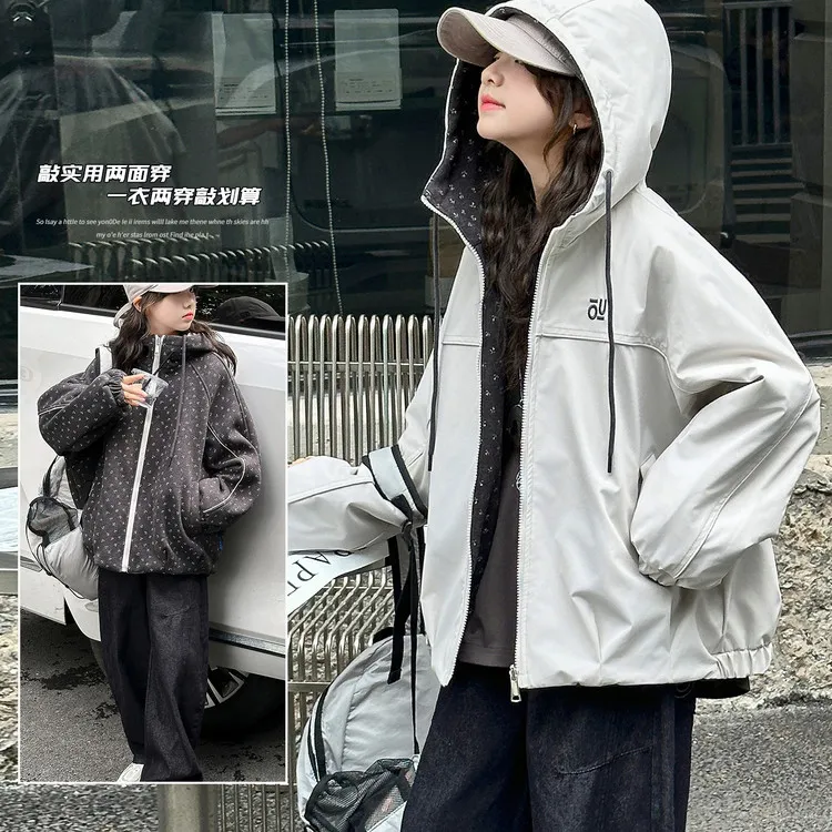 女童星空呢加厚外套2025秋冬新款洋气休闲6-12岁15大童两面穿夹克