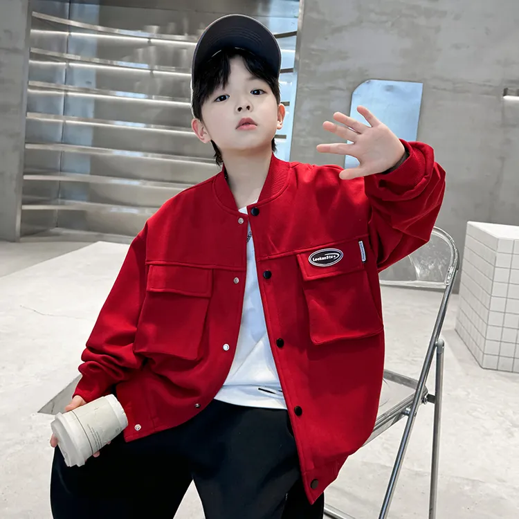 男童外套春秋款2025新款男孩休闲棒球服韩版中大儿童洋气红色夹克