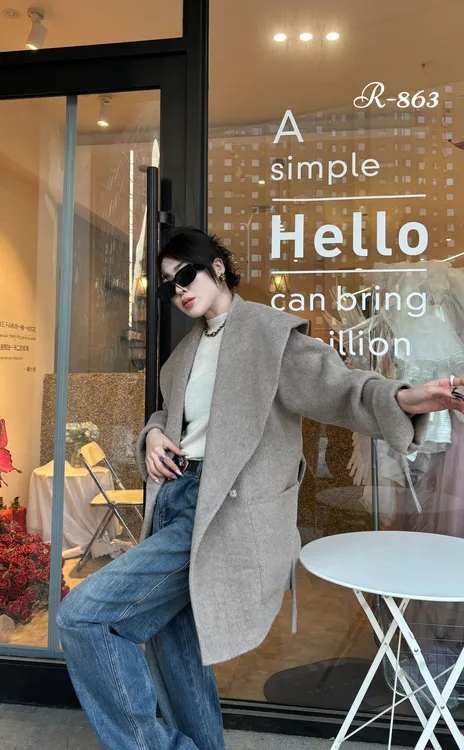 新款大码纯色羊毛大衣秋冬毛呢外套短款老钱风女宽松型休闲风863