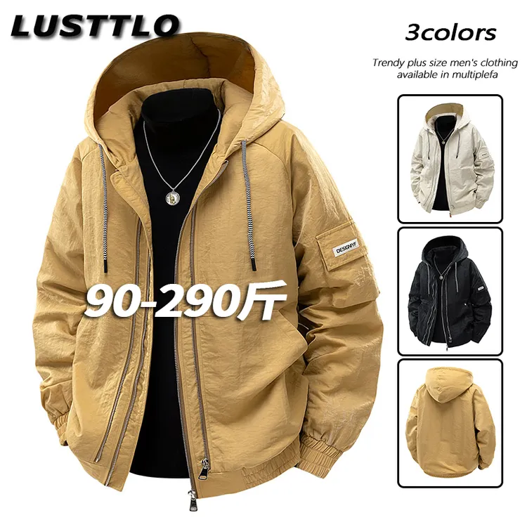 夹克男士外套大码宽松春秋潮流加肥加大胖子休闲防风连帽百搭上衣