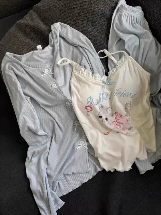 韩系纯欲风带胸垫睡衣女款三件套春季2025新款甜美猫咪大码家居服