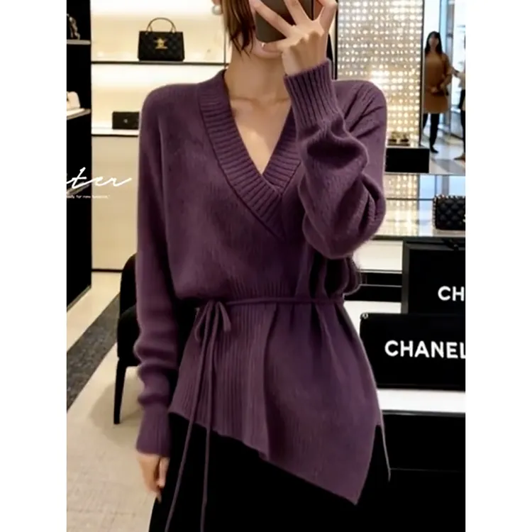 轻奢小香风紫色V领显瘦针织衫2025冬季新款时尚洋气系带收腰毛衣