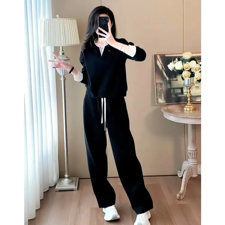 休闲风运动套装女2025春秋季纯棉新款韩版V领宽松卫衣时尚两件套