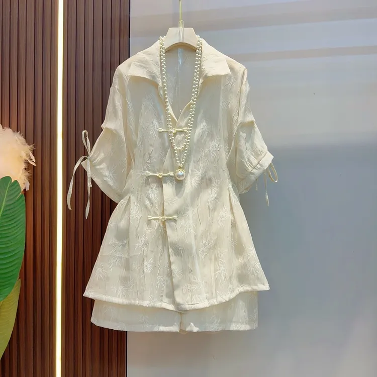 2025夏季新款新中式翻领提花盘扣流苏上衣松紧腰短款套装698