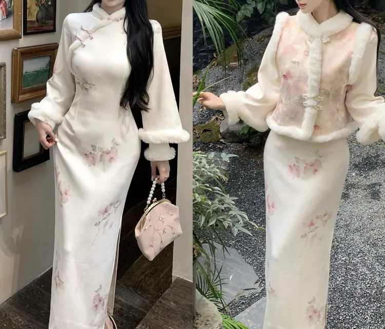 新中式温柔设计感毛领盘扣马甲旗袍连衣裙女冬季国风气质套装