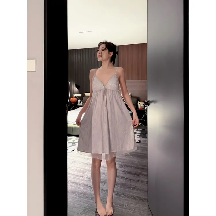 doubleoo睡衣双层网纱三角杯性感蕾丝纯欲吊带短裙睡裙法式带胸垫