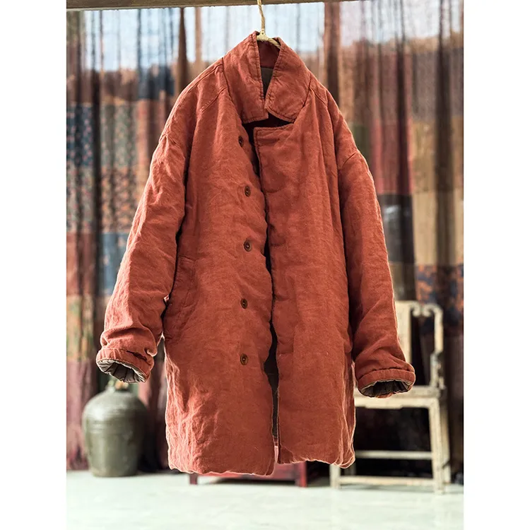 4402高品质砂洗中长款亚麻棉服 新年战袍情侣文艺宽松棉衣新款