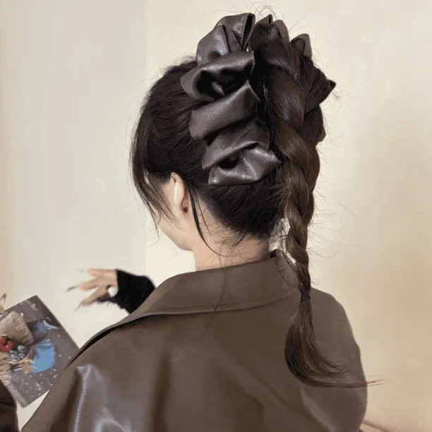 皮质褶皱～暖色流光美拉德多层云朵泡泡秋冬甜酷感皮革面抓夹发饰