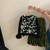 【安安家】女童秋新中式花朵立领马甲打底衫丝绒半身裙三件套R25560