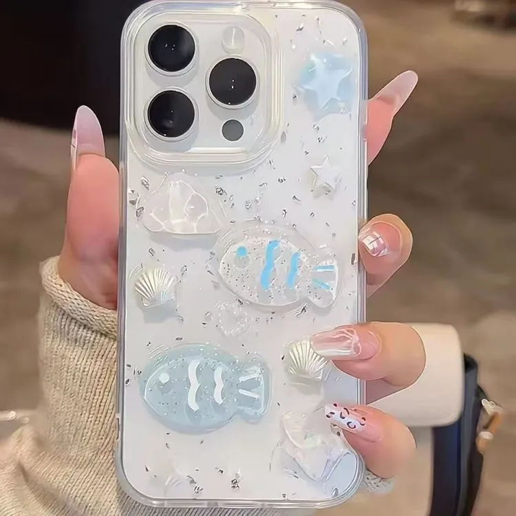 海洋小鱼贝壳适用苹果16promax手机壳iPhone15新款14软13滴胶12女