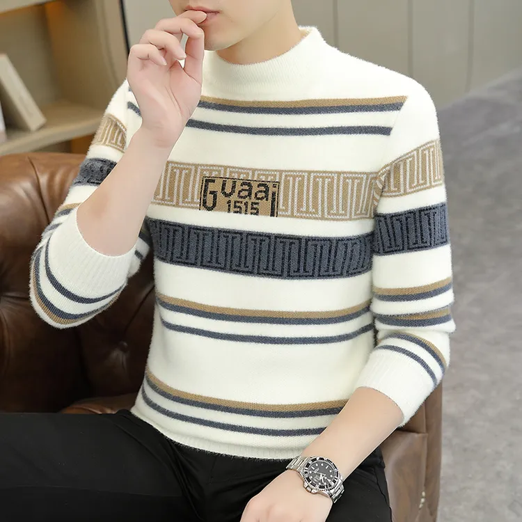 高档仿貂绒秋冬加厚毛衣男士半高领针织衫时尚打底衫保暖冬装上衣