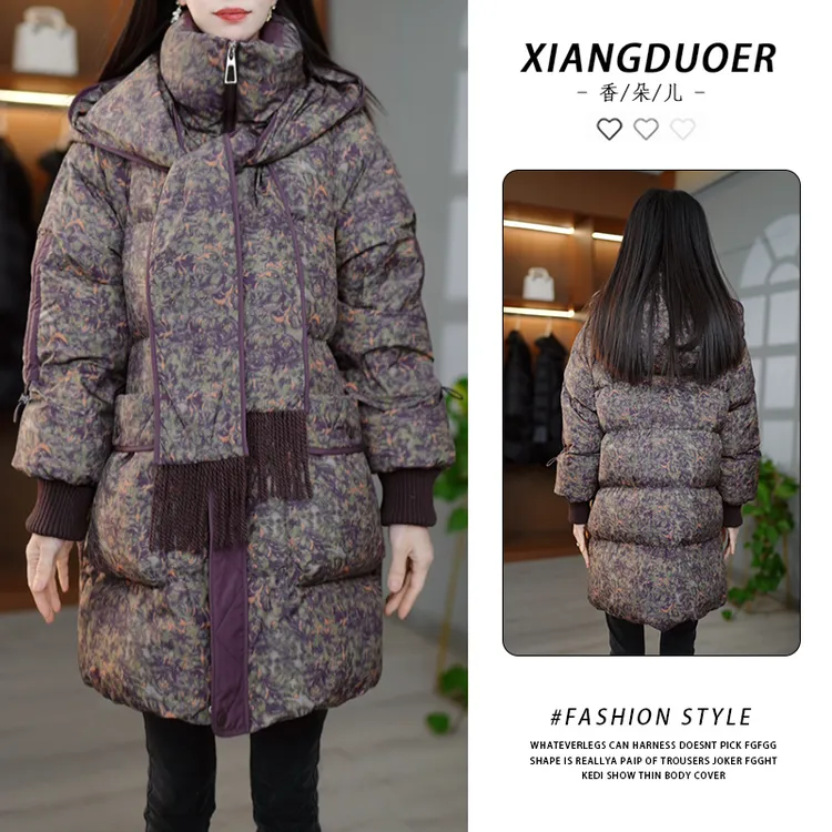 小众复古时尚百搭棉服中长款时髦2026冬季新款拼接慵懒通勤外套女