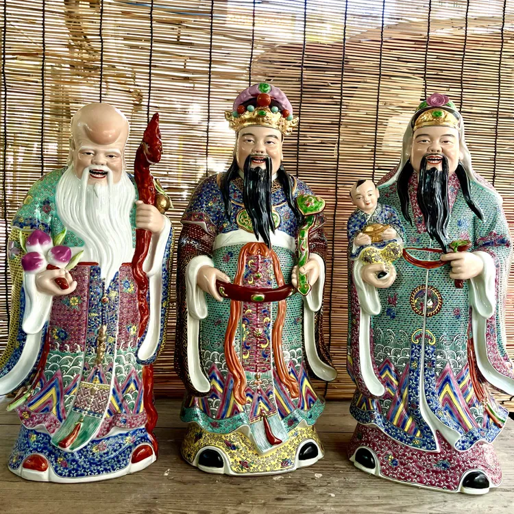精品福禄寿三星景德镇陶瓷雕塑手工粉彩复古工艺品财神爷客厅摆件