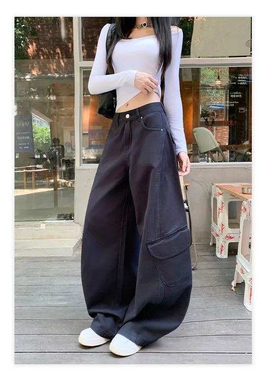 秋季新款舒适宽松女款美式设计口袋百搭阔腿裤1007-（T）