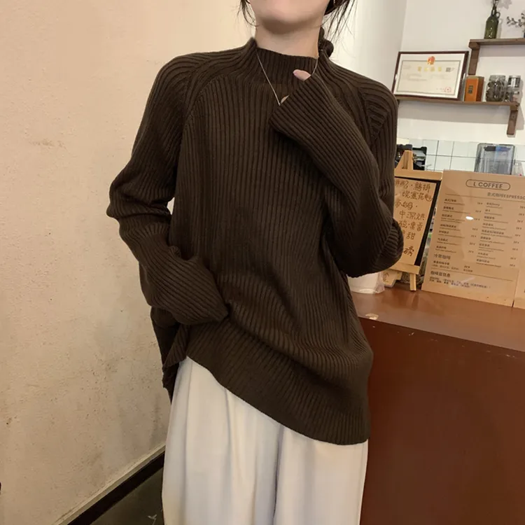 微胖mm半高领打底衫女秋冬加厚中领毛衣宽松慵懒风螺纹针织上衣