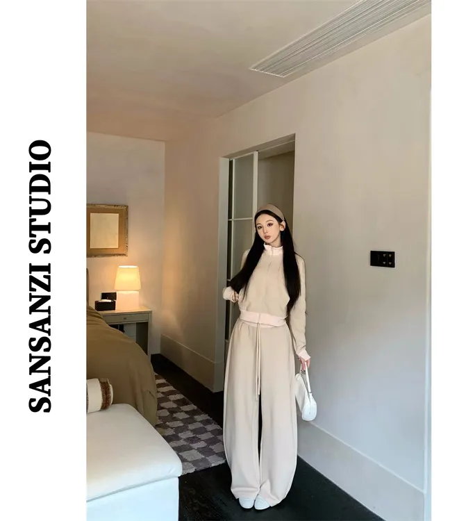SANSANZI时尚套装杏色气质长袖外套女冬季高腰显瘦休闲长裤两件套