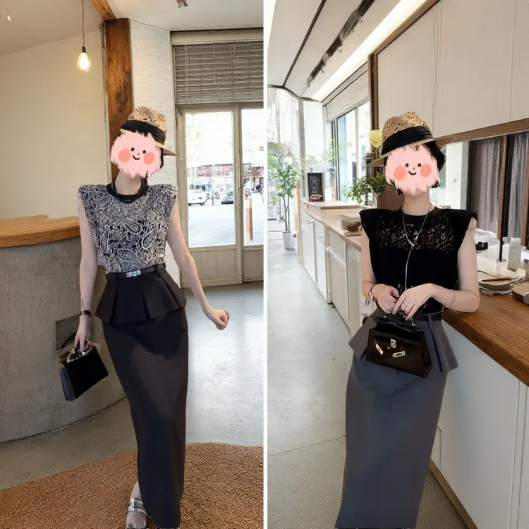 2025夏季轻奢千金风T恤拼接背心印花气质上衣设计感半身裙两件套