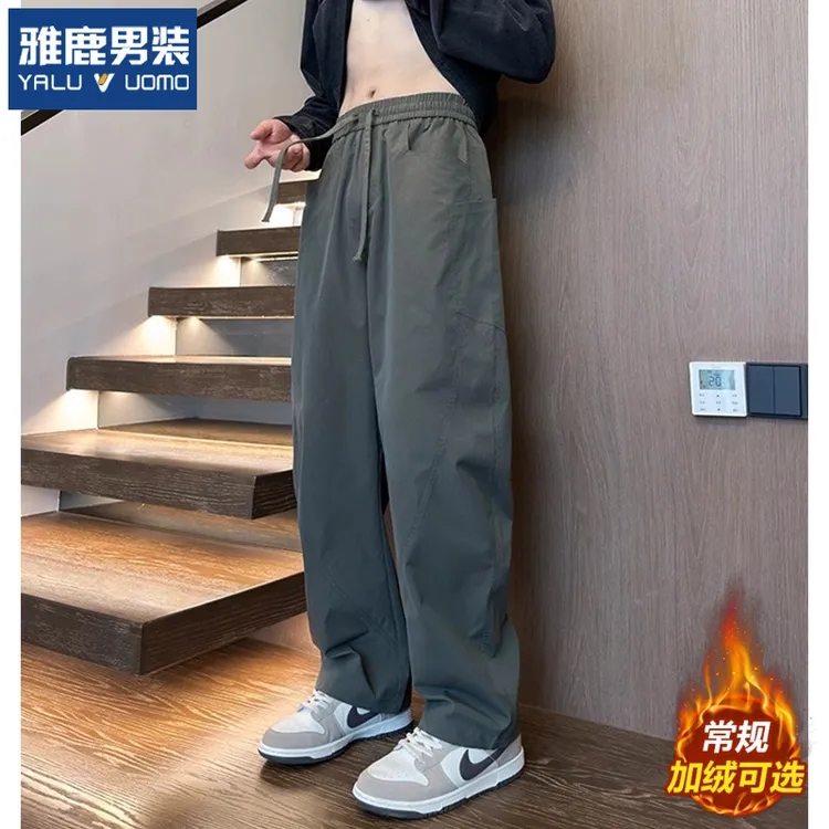 雅鹿美式软壳防水弯刀工装裤男加绒厚款秋冬季宽松直筒休闲裤子男